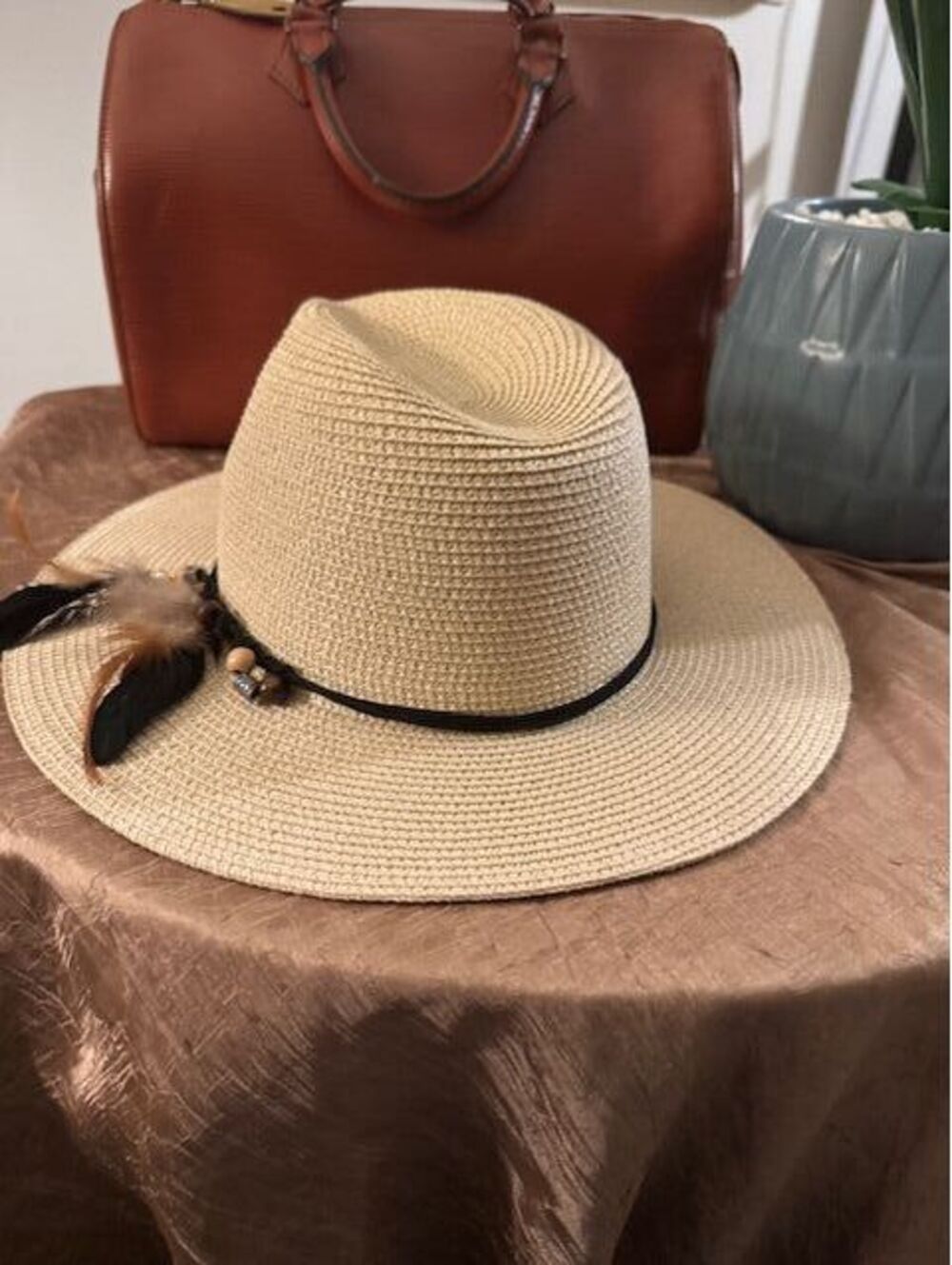 Beige Fedora Straw with Feather Belt (Beige)